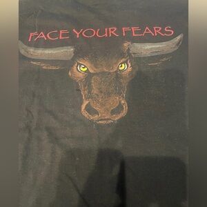 FACE YOUR FEARS black t, men’s small COWBOY BRAND on front, GILDAN t 100% cotton